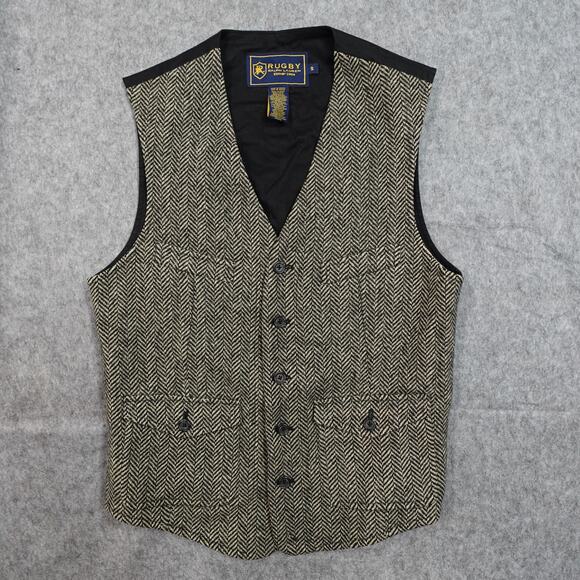 Vintage Vest Mens Small Tweed Wool Herringbone Waistcoat Black - Picture 1 of 13